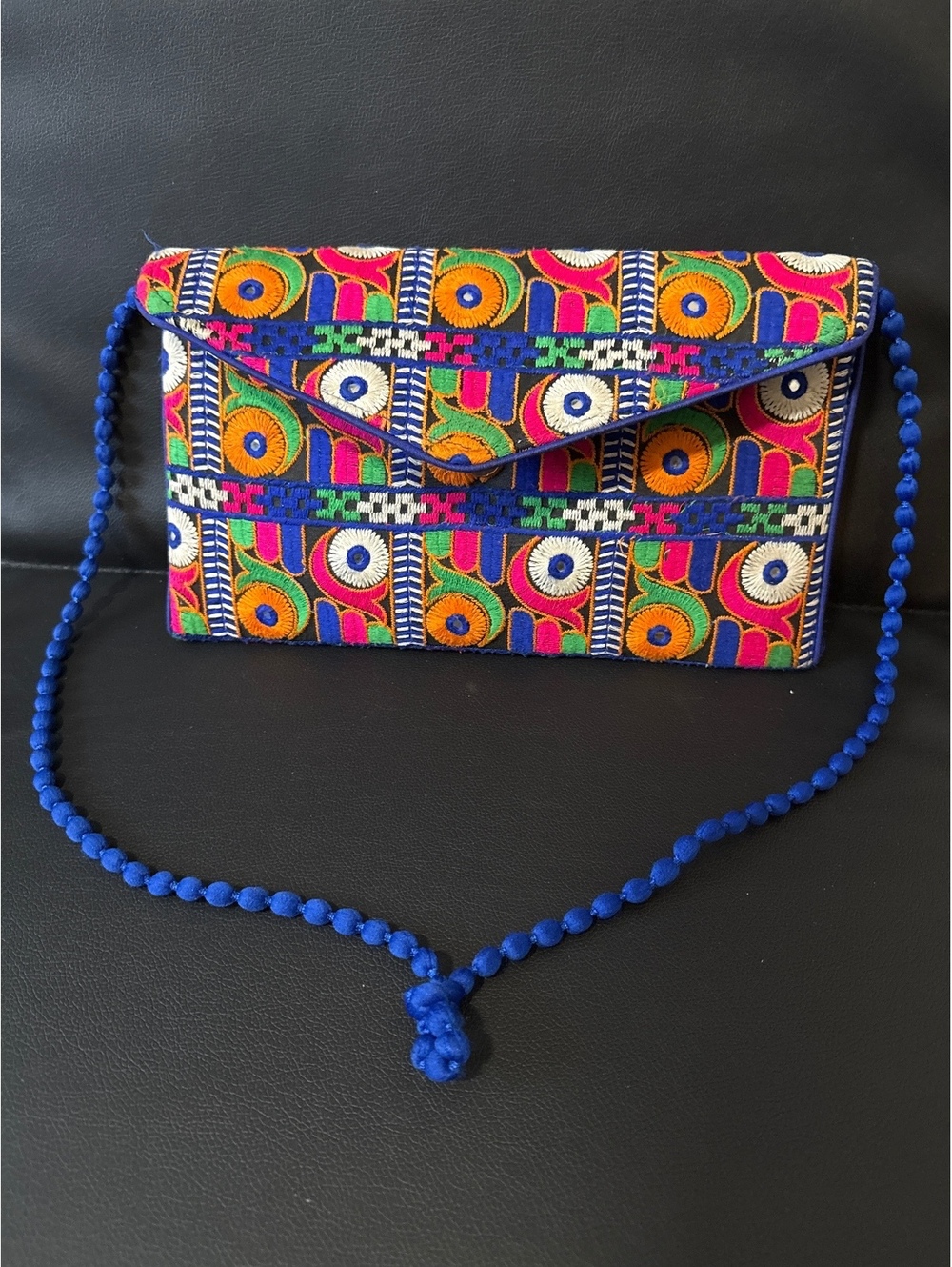 Colorful Embroidered Envelope Crossbody Bag with Blue Beaded Strap